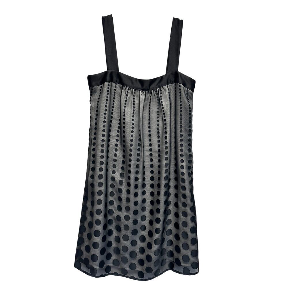 WHBM Black Gray Polka Dot Sheer Mesh Babydoll Mini Dress Satin Trim‎ Sleeveless